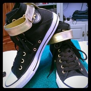 Black & White Converse Hghtop Sneakers W/Gold Band